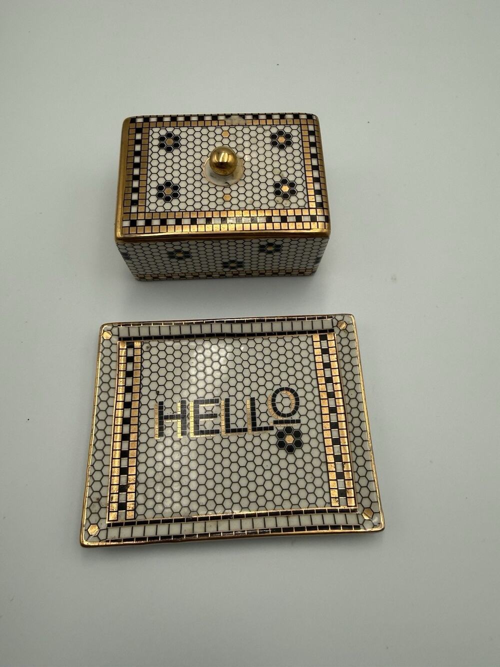 Antropologie Bistro Tile "HELLO" Butter Dish & Lid 3,5 x 4,5”